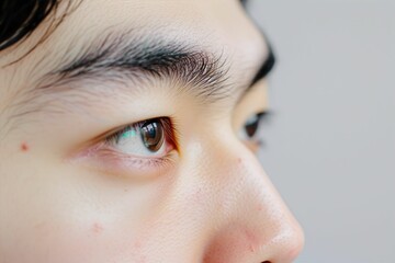 Fototapeta premium 日本人男性の目元のパーツのアップ写真（白背景・美肌・クローズアップ）