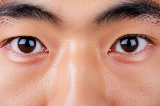 日本人男性の目元のパーツのアップ写真（白背景・美肌・クローズアップ）