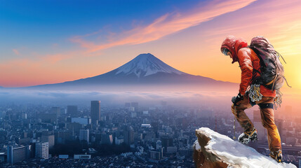 mountain climber and Fuji mountain view