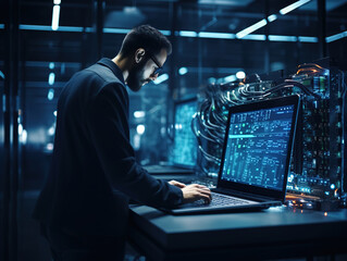 Successful data center IT specialist using laptop computer. Server farm cloud computing facility with system administrator working. Data protection engineering network for cyber security.