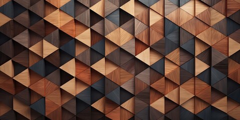 A wooden wall is covered with many wooden triangles, 3d geometric background