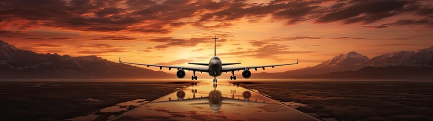 The silhouette of a military airplane on the runway, bathed in the warm hues of a sunset at the airport.
