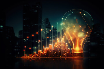 Light bulb with graph economic growth success chart. Financial innovation technology developing new products and services that enhance success and profit in global business.