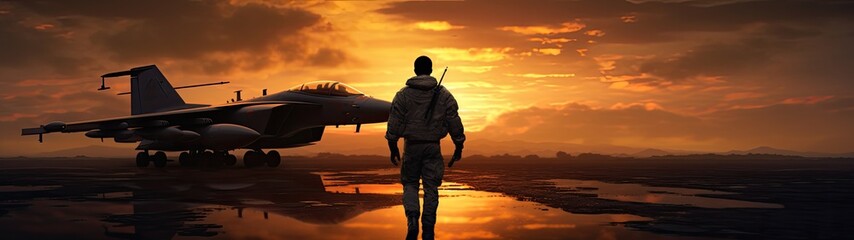 The silhouette of a military airplane on the runway, bathed in the warm hues of a sunset at the airport.