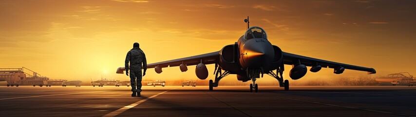 Fototapeta premium A military aircraft stationed at the airport during the captivating hues of sunset.