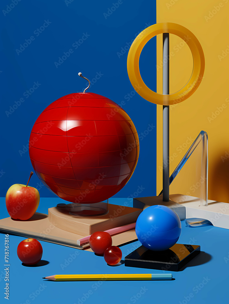 Poster a group of objects, a red sphere with a wire attached to a yellow circle and red and blue balls