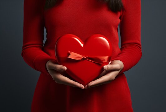 hands holding a red heart shaped box with bow