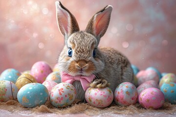 Fototapeta na wymiar Bunny in the Spotlight: Easter Eggs and a Pink Bow Generative AI