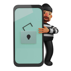     3D illustration. Image of 3D Thief Character trying to hack a cell phone. showed a sly smile. has a cute beard. 3D Cartoon Character