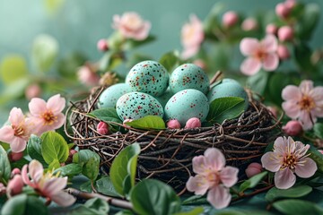 Fototapeta na wymiar Easter Eggstravaganza: A Basket of Eggs and Flowers Generative AI