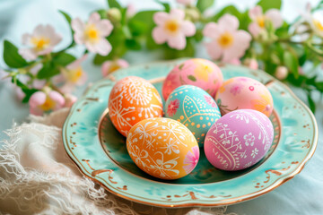 Obraz premium Decorated pastel colored Easter eggs on vintage plate