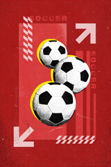 Three soccer balls against red background with abstract design elements. Modern design. Concept of...
