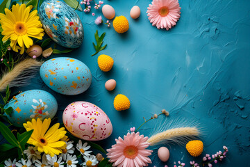 Easter eggs and flowers composition, top view , copy space