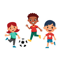 Children playing football happily on white background. Flat vector