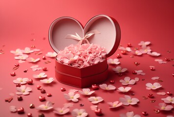 heart in a red box with pink petals on a pink background