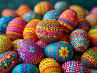 Fototapeta na wymiar Colorful Easter Eggs in a Basket: A Festive and Vibrant Display for the Easter Season Generative AI