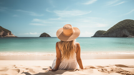 back view of woman sitting on tropical sandy beach sunbathing - obrazy, fototapety, plakaty
