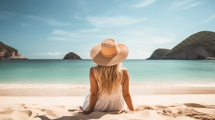 Foto op Canvas back view of woman sitting on tropical sandy beach sunbathing © Simon