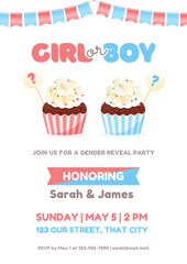 Gender reveal party invitation template. Cute vertical banner decorated with boy or girl question, pink and blue cupcakes and bunting flags. Vector 10 EPS.