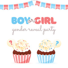 Gender reveal party card template. Cute banner decorated with boy or girl question, pink and blue cupcakes and bunting flags. Vector 10 EPS.
