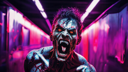 Raging undead infected zombie monster with glowing orange eyes and horrific broken teeth ready to attack and devour victims in underground subway tunnel with purple UV lights background. 