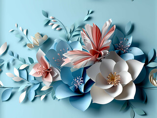 Blue And Pink Paper Hearts, A Group Of Paper Flowers
