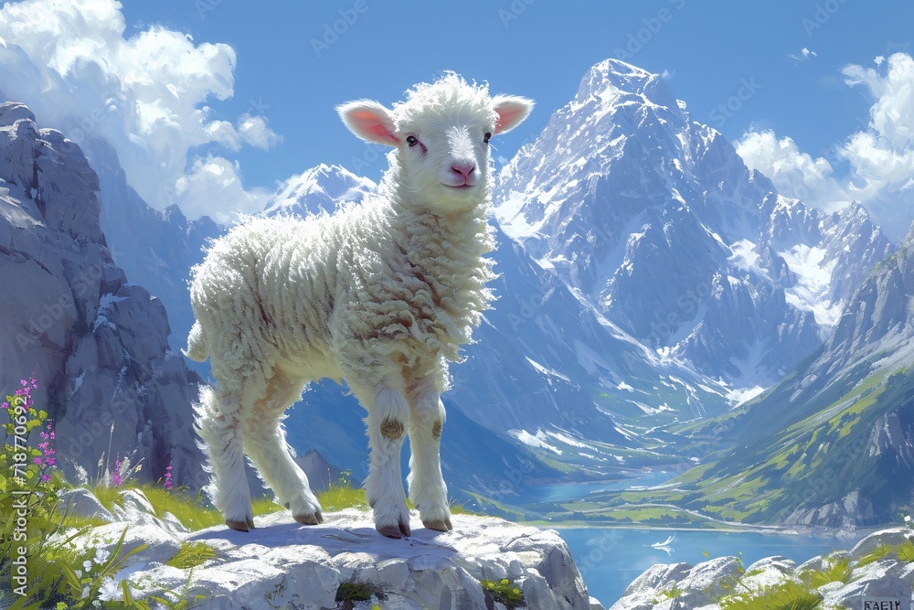 Poster sheep in the mountains: a catchy and optimized adobe stock image title generative ai