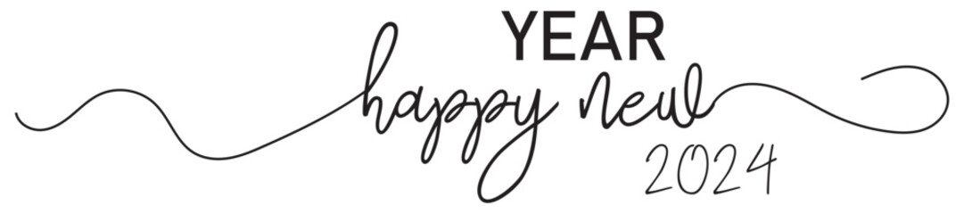 HAPPY NEW YEAR 2024 black vector brush calligraphy banner with swashes on white background