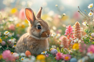 Bunny in a Field of Flowers: A Cute Easter Celebration Generative AI