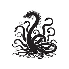 Maritime Marvels: Hydra Silhouettes Weaving a Tapestry of Imaginary Sea Adventures - Hydra Illustration - Sea Monster Illustration - Hydra Vector
