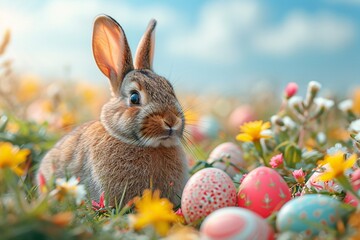 Fototapeta na wymiar Bunny in a Field of Flowers: A Cute Easter Celebration Generative AI