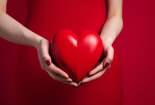 female hand holding a red heart shaped box on a red background
