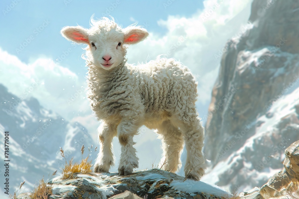 Poster sheep-tastic: a cuddly creature in a snowy setting generative ai
