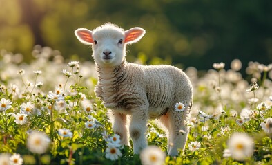 Springtime's Adorable Lamb in a Field of Flowers Generative AI