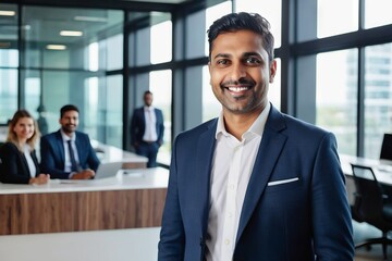 portrait of a handsome smiling asian indian businessman boss in a suit standing in his modern business company office. his workers standing in the blurry background