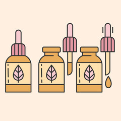 Dropper bottle with serum or oil, linear icons set. Closed, Opened vial with drop, herbal liquid package.Makeup and cosmetology concept.Editable Stroke. Vector illustration EPS 10