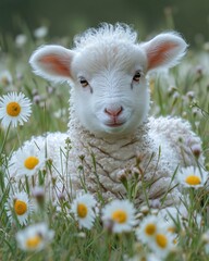 Obraz premium Sheep in the Flowers: A Cute and Cozy Moment for Spring Generative AI