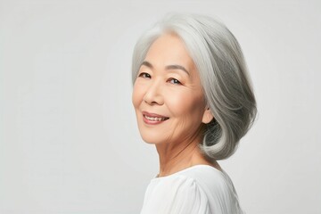 日本人シニア女性の横顔（おばあさん・おばあちゃん・アジア人・白背景・背景なし）	 - obrazy, fototapety, plakaty