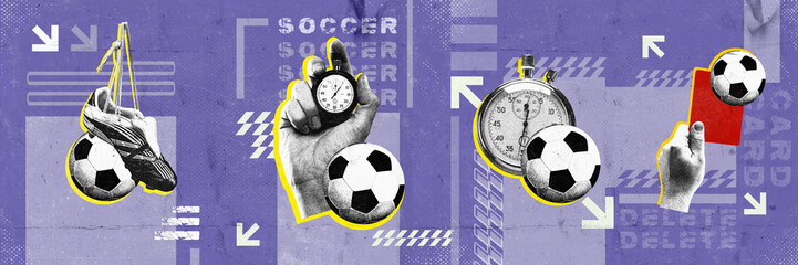 Soccer sport items, balls against purple background with abstract elements Banner. Modern design....