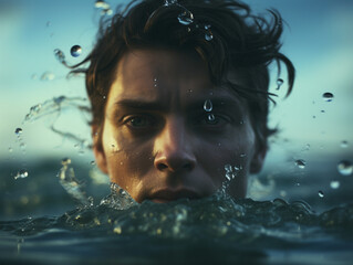 man looks out of water, reflection of waves, young man, focus on man, splashes, created with Generative AI technology