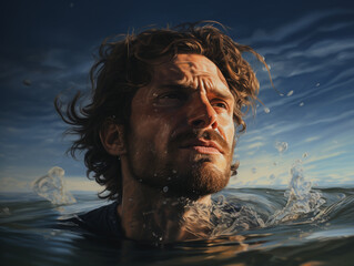 man looks out of water, reflection of waves, young man, focus on man, splashes, created with Generative AI technology