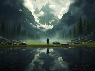 a man stands on the shore of a lake, looks at the mountains, fog, silhouette, mountains, created with Generative AI technology