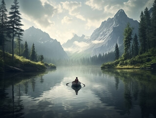 a man swims in a boat, a calm atmosphere, a quiet course, a boat, a lake, a river, created with Generative AI technology