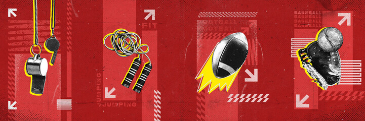 Whistle, jumping rope, baseball ball and glove against red background with abstract elements....
