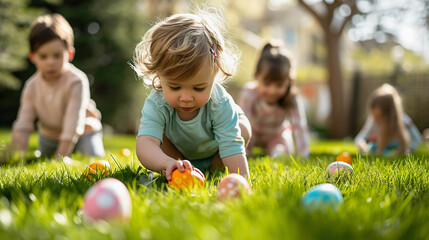 Easter Egg Hunt. Kids search for Easter eggs on bright lawn - obrazy, fototapety, plakaty