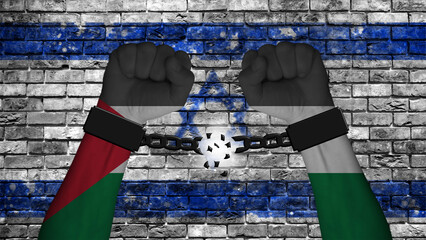 The Palestinians break the chains that held them captive, with the Israeli flag in the background on a brick wall