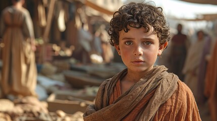 Fototapeta premium Little Boy in Brown Robe, Looking at the Camera Generative AI