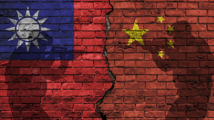 China versus Taiwan, the two flags of the countries on an old brick wall, separated by a crack with the silhouette of military personnel