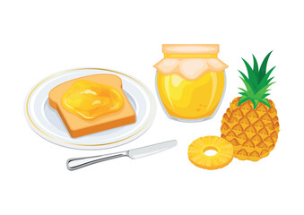 Toasted bread with pineapple jam vector illustration. Toast on a plate and pineapple jam breakfast still life vector. Jam jar with pineapple fruit and slice of bread icon set on a white background