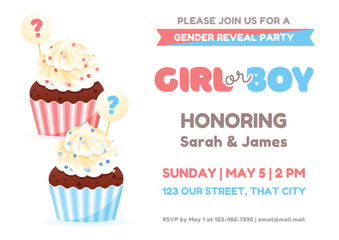 Gender reveal party invitation template. Cute vertical banner decorated with boy or girl question, pink and blue cupcakes and bunting flags. Vector 10 EPS.